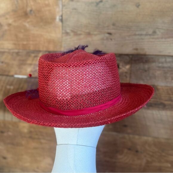 Custom Red Derby Hat Purple Feathers Rhinestones Netting Church Tea Party Events main image 5